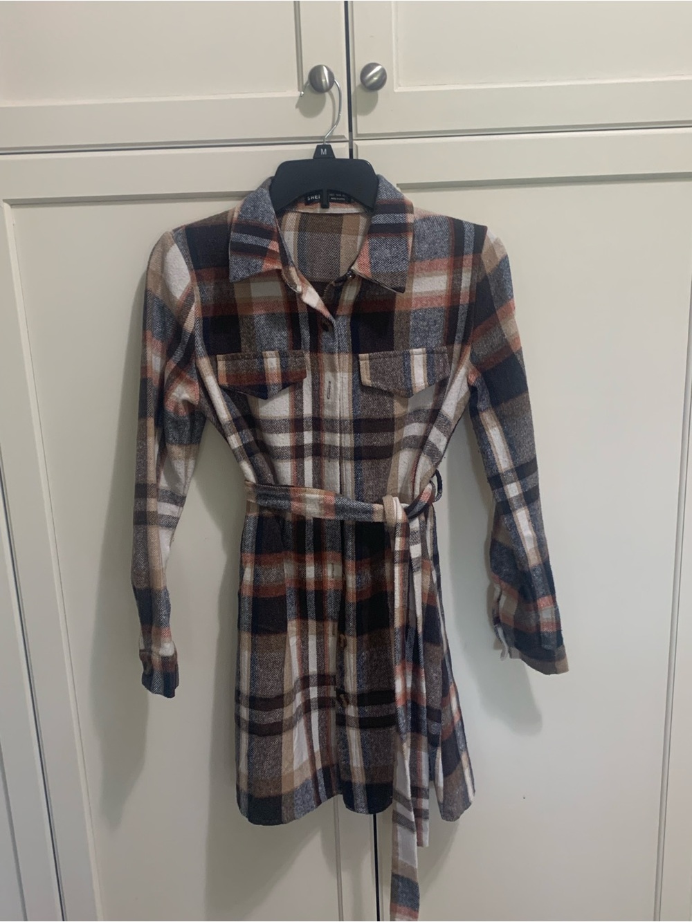 SHEIN Plaid Button-Front Shirt Dress with Waist Tie